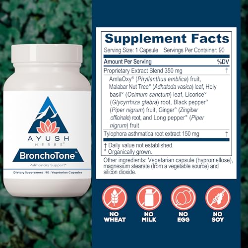Ayush Herbs Bronchotone - Bronchial Support, Respiratory and Immune-Support Support Supplement for Women & Men, Adults, Pulmonary Care Supplement - 90 Vegetarian Capsules (1 Count)