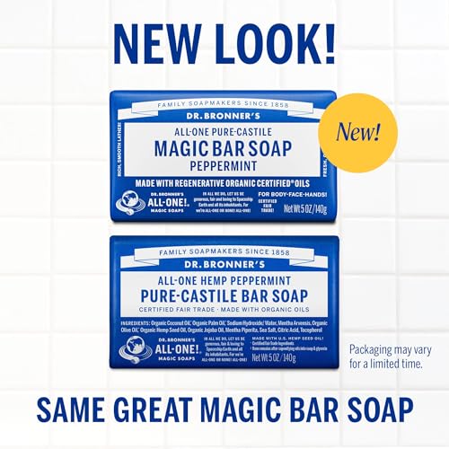 Dr. Bronner's Pure-Castile Magic Soap Bars (Peppermint, 5 oz, 6-Pack) - Made with Regenerative Organic Certified Oils - For Face, Body & Hair - Gentle, Vegan - Bar Soaps for Men & Women