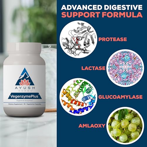 Ayush Herbs VegenzymePlus - Digestive Enzymes for Women & Men, Enzymes for Digestion with Bromelain, Lipase, Lactase, Protease, 100% Vegetarian Gut Health Supplement - 60 Capsules (1 Count)