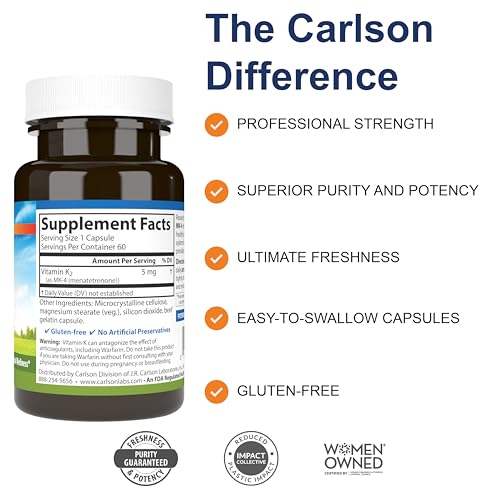 Carlson - Vitamin K2, MK-4 (Menatetrenone), Vitamin K Supplement, Bone & Heart Health, K2 Vitamin, Soy-free, 60 capsules