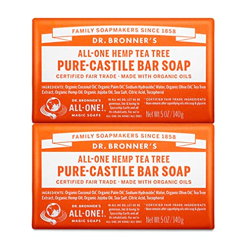 Dr. Bronner's - Pure-Castile Bar Soap (Tea Tree, 5 ounce, 2-Pack) - Made with Organic Oils, For Face, Body, Hair and Dandruff, Gentle on Acne-Prone Skin, Biodegradable, Vegan, Non-GMO