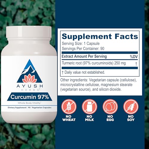 Ayush Herbs Curcumin 97% - Curcumin Supplements, Premium Turmeric Root Supplement, Curcuminoids for Women & Men, Adults, Premium Joint Support, Strength & Vitality - 90 Vegetarian Capsules (1 Count)