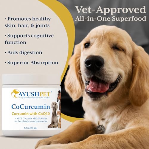 Ayush Herbs Ayush Pet CoCurcumin with Coq10, Muscle and Joint Pet Superfood Powder, Heart and Digestion Support, Small or Large Animals, Young and Senior Pet Supplement, 5.2 Ounces