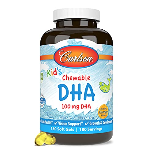 Carlson - Kid's Chewable DHA, 100 mg DHA, Brain Health, Vision Function, Growth & Development, Orange, 180 Chewable Softgels
