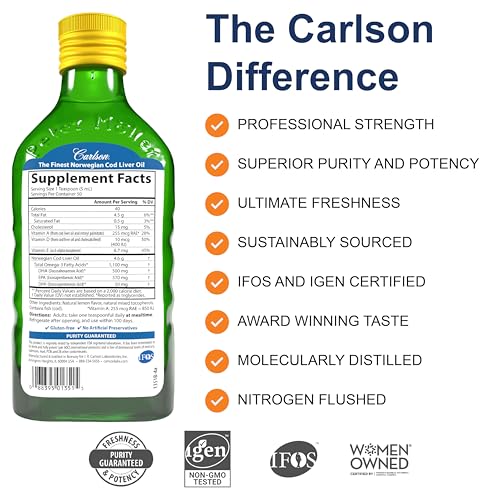 Carlson - Cod Liver Oil, 1100 mg Omega-3s, Liquid Fish Oil Supplement, Wild-Caught Norwegian Arctic, Sustainably Sourced Nordic Liquid, Lemon, 250 ml