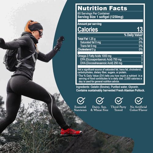 ruved 1000mg Omega-3, Pure and Potent Omega 3 for Daily Wellness, Essential Fatty Acids for Brain, Joint and Overall Health, 60 Softgels