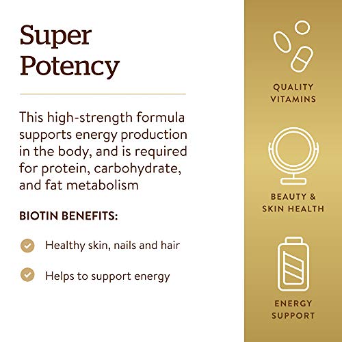 Solgar Biotin 5000 mcg - Promote Healthy Skin, Nails & Hair - Supports Energy Production, Protein, Carbohydrate & Fat Metabolism - Vitamin B - Non GMO, Vegan, Gluten Free - 100 Servings, Unflavored, Standard Packaging, 100 Count