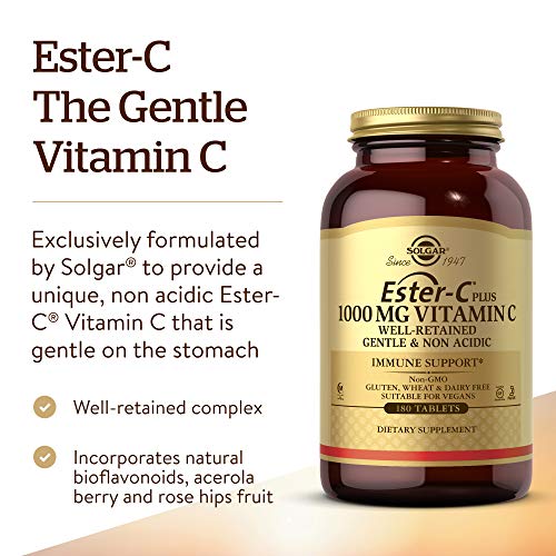 Solgar Ester-C Plus 1000 mg Vitamin C (Ascorbate Complex) - 180 Tablets - Gentle & Non Acidic - Supports Upper Respiratory Health - Non-GMO, Gluten-Free - 180 Servings