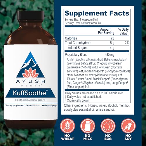 Ayush Herbs KuffSoothe - Bronchial Wellness Syrup, Bronchial Support Supplement, Natural Cough Syrup to Sooth Sore Throat, Sinus & Immune Health Formula with Ginger & Honey - 8 Fl Oz (1 Count)
