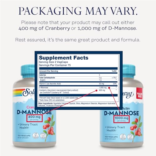 Solaray D-Mannose 1000mg with CranActin Cranberry Supplement 400mg, Urinary Tract Health & Bladder Support Capsules with Vitamin C, Vegan, 60 Day Guarantee, 75 Servings, 150 VegCaps