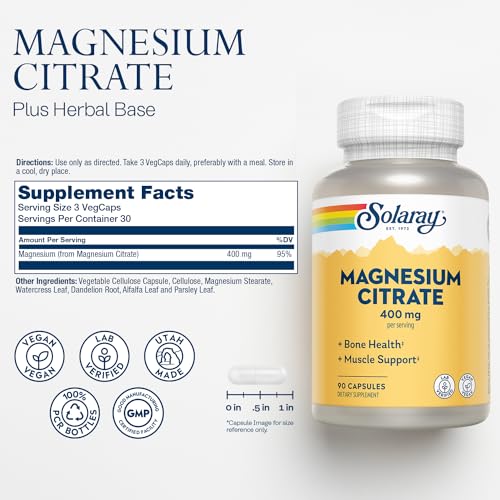 Solaray Magnesium Citrate - Pure Magnesium Citrate Capsules, Supplement for Calm, Bone Health, Cellular Energy, Heart & Muscle Support, 400mg Per Serving - 90 Vegan Capsules