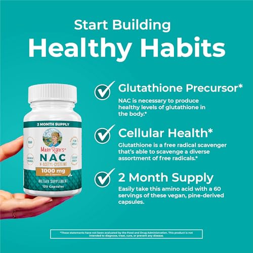 MaryRuth Organics Nutritional Supplement Capsule, N-Acetyl Cysteine, 2 Month Supply, NAC 1000mg Per Serving, Vegan, Non-GMO, Gluten Free, 120 Count