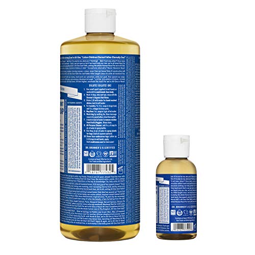 Dr. Bronner's - Pure-Castile Liquid Soap (Peppermint, 32 ounce and 2oz bundle) - Made with Organic Oils, 18-in-1 Uses: Face, Body, Hair, Laundry, Pets & Dishes, Concentrated, Vegan, Non-GMO