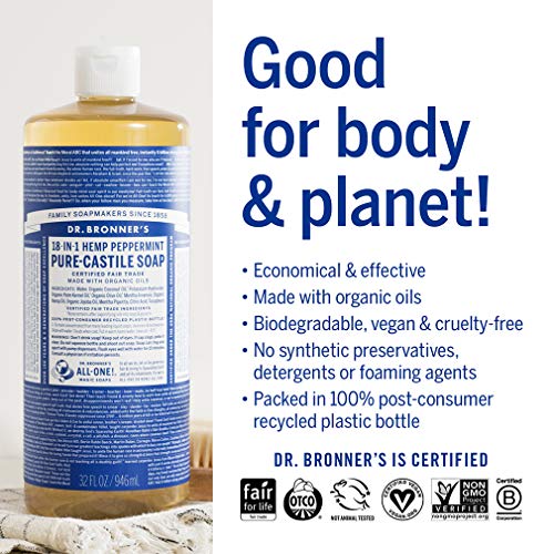 Dr. Bronner's - Pure-Castile Liquid Soap (Peppermint, 32 ounce and 2oz bundle) - Made with Organic Oils, 18-in-1 Uses: Face, Body, Hair, Laundry, Pets & Dishes, Concentrated, Vegan, Non-GMO