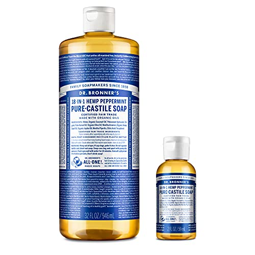 Dr. Bronner's - Pure-Castile Liquid Soap (Peppermint, 32 ounce and 2oz bundle) - Made with Organic Oils, 18-in-1 Uses: Face, Body, Hair, Laundry, Pets & Dishes, Concentrated, Vegan, Non-GMO
