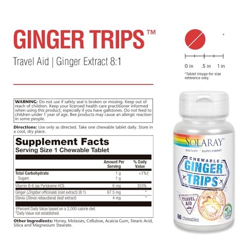 SOLARAY Ginger Trips Travel Aid | Root Extract | Healthy Digestive Support w/Honey, Stevia & Molasses | 60 Chewables