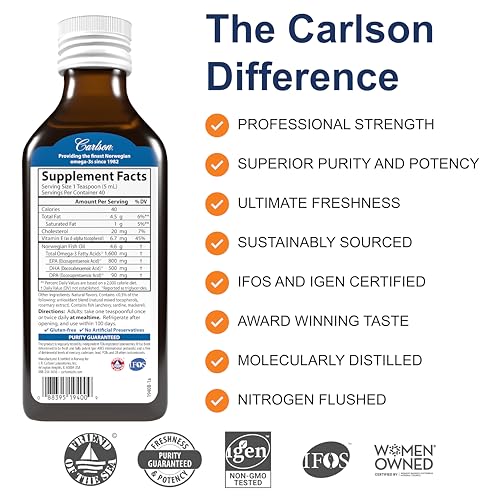 Carlson - The Very Finest Fish Oil, 1600 mg Omega-3s, Liquid Fish Oil Supplement, Norwegian Fish Oil, Wild-Caught, Sustainably Sourced Fish Oil Liquid, Just Peachie, 200 mL (6.7 Fl Oz)