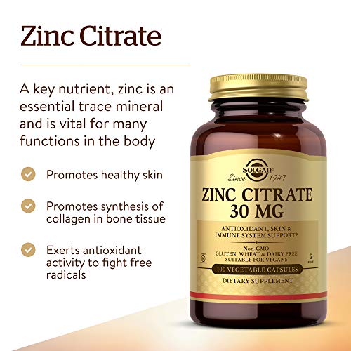 Solgar Zinc Citrate Vegetable Capsules, 100 Count, Non-GMO, Gluten Free, and Kosher, Supports Immune System Health, Healthy Skin and Eyes, Normal Taste and Vision