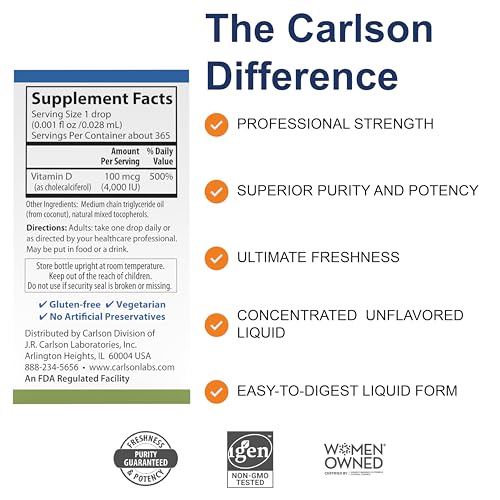 Carlson - Super Daily D3 4,000 IU (100 mcg) per Drop, Vitamin D Drop, Liquid Vitamin D3, 1-Year Supply, Unflavored, 365 Drops (10.3 mL)
