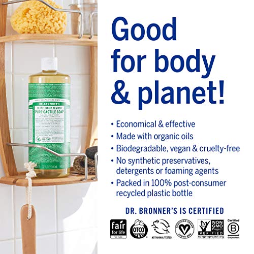 Dr. Bronner's - Pure-Castile Liquid Soap (Almond, 32 ounce) - Made with Organic Oils, 18-in-1 Uses: Face, Body, Hair, Laundry, Pets and Dishes, Concentrated, Vegan, Non-GMO
