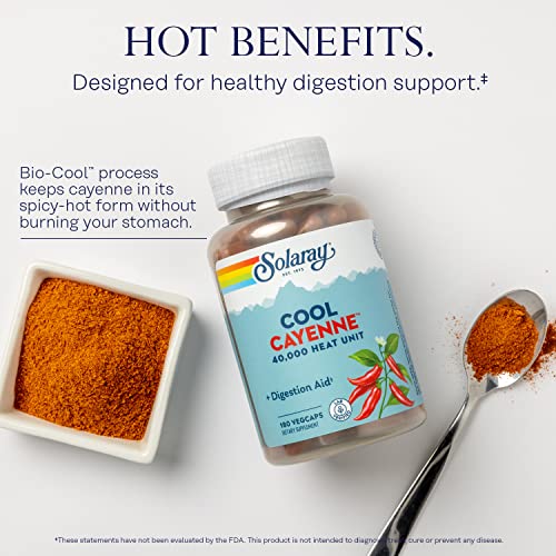 SOLARAY Cool Cayenne Pepper 40,000 HU, Cayenne Pepper Capsules, Digestion Aid, Bio-Cool Process, Lab Verified, 60-Day Money-Back Guarantee, 90 Servings, 180 VegCaps