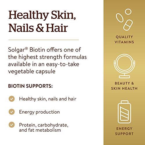 Solgar Biotin 10000 mcg Vegetable Capsules Energy Metabolism Promotes Healthy Skin Nails Hair Super High Potency NonGMO Vegan Gluten Free Dairy Free Kosher Servings, Standard Packaging, Unflavored, 120 Count