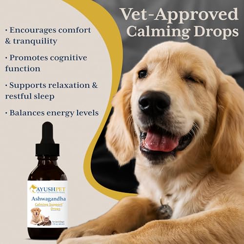 Ayush Pet Stress Support Ashwagandha Drops, Calm and Focus for Dogs or Cats, Alcohol Free Supplement, 2 oz.