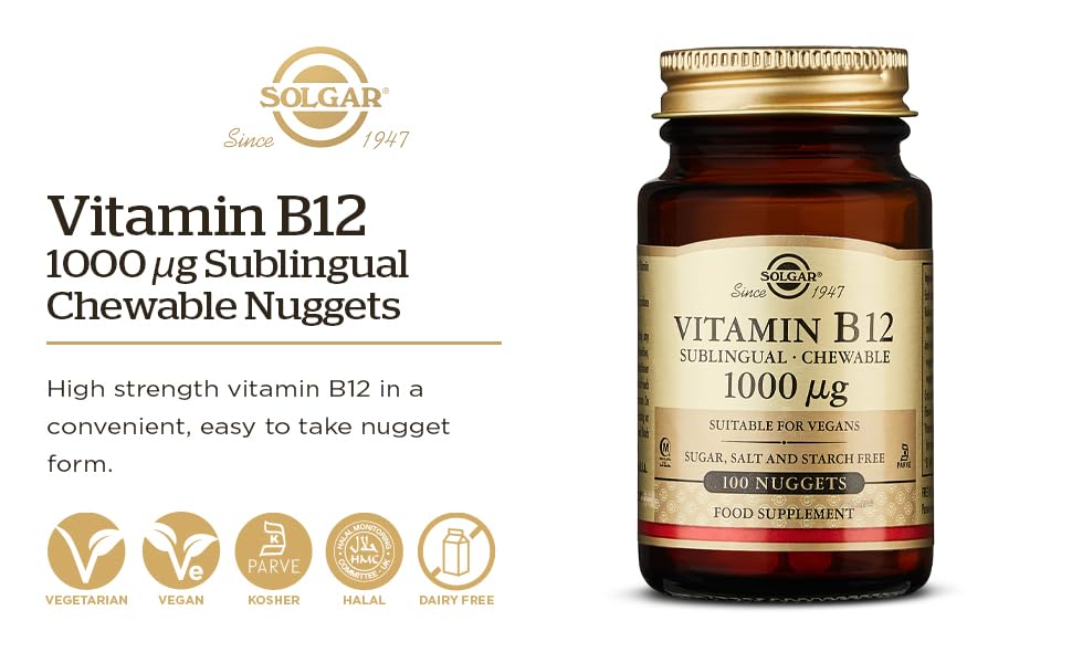 Solgar Vitamin B12 1000 mcg, 250 Nuggets - Supports Production of Energy, Red Blood Cells - Healthy Nervous System - Promotes Cardiovascular Health - Vitamin B - Non-GMO, Gluten Free - 250 Servings