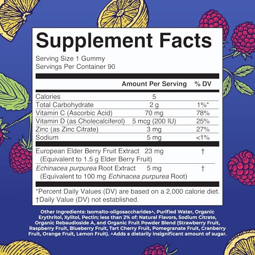 MaryRuth Organics Sugar Free Immunity Gummies | Powerful Blend | Elderberry Vitamin C & Zinc | Vitamin D3 & Echinacea | Immune Support Supplement | Gummies for Kids & Adults | Vegan | Non GMO | 90ct