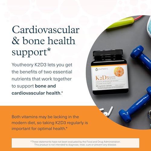 Youtheory K2D3 - Bone & Heart Health Support* - Combines Vitamin D3 & Vitamin K2 - Dairy, Soy & Gluten Free - 60 Vegetarian Capsules