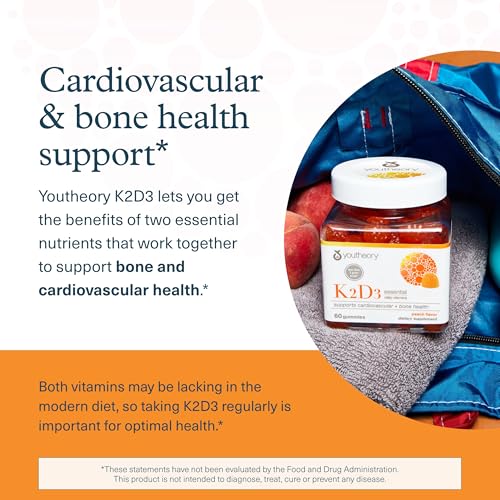 Youtheory K2D3 - Bone & Heart Health Support* - Combines Vitamin D3 & Vitamin K2 - Dairy, Soy & Gluten Free - Peach, 60 Vegetarian Gummies