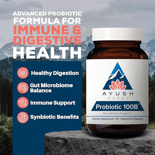 Ayush Herbs Probiotic 100B - Probiotics for Women, Probiotics for Men, Prebiotics and Probiotics for Digestive Health, Gas Relief, Gut Microbiome Balance - 60 Vegetarian Capsules (1 Count)