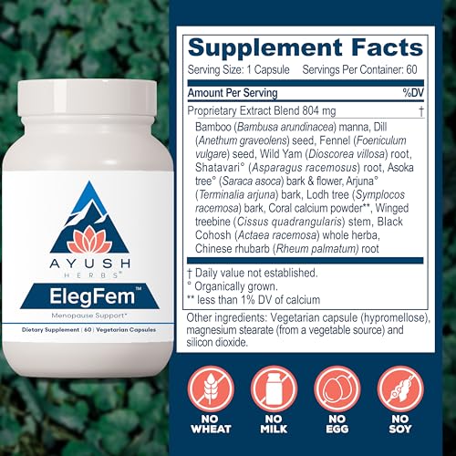 Ayush Herbs ElegFem - Menopause Supplements for Women, Hormone Balance for Women, Perimenopause Natural Hormone Support, Hot Flash Support with Cohosh - 60 Vegetarian Capsules (1 Count)
