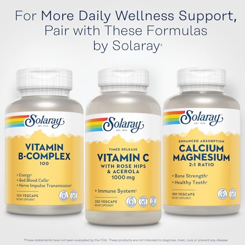 SOLARAY Calcium Magnesium Supplement, Magnesium & Calcium Supplements for Women and Men, 2:1 Ratio, Bone Health & Strength, Vegan, High Absorption, 60-Day Guarantee, 45 Servings, 180 VegCaps