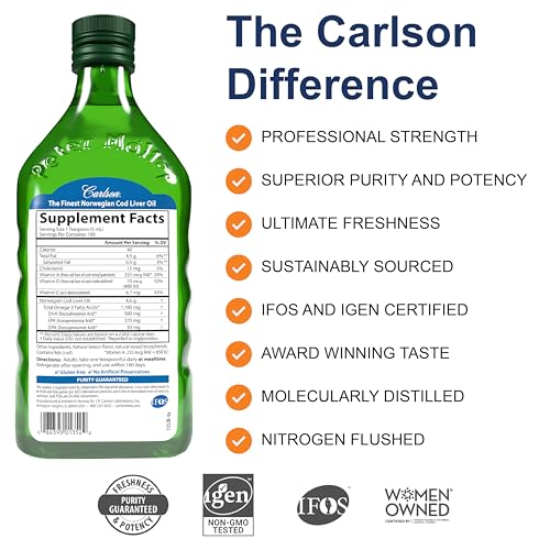 Carlson - Cod Liver Oil, 1100 mg Omega-3s, Wild-Caught Norwegian Arctic Cod-Liver Oil, Sustainably Sourced Nordic Fish Oil Liquid, Unflavored, 500 ml (16.9 Fl Oz)
