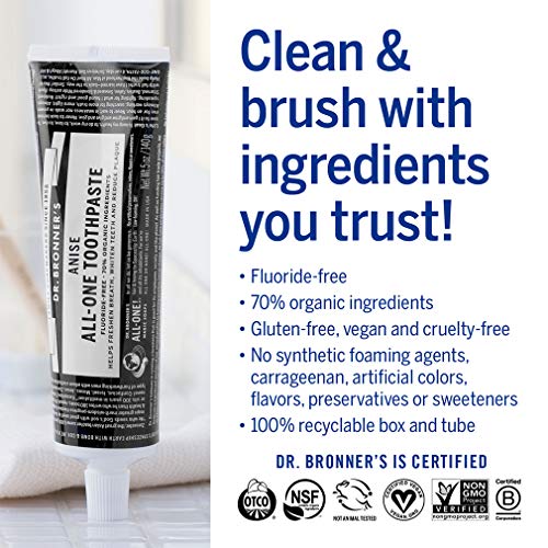 Dr. Bronners - All-One Toothpaste (Anise, 5 Ounce, 3-Pack) - 70% Organic Ingredients, Natural and Effective, Fluoride-Free, SLS-Free, Helps Freshen Breath, Reduce Plaque, Whiten Teeth, Vegan
