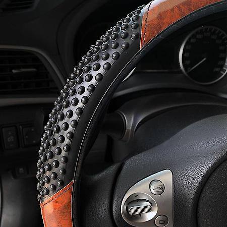 Car & SUV Steering Wheel Cover, Woodgrain/Black Massage Grip, Classic, Fits 15" & Smaller