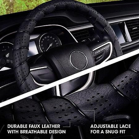 Lace-on Steering Wheel Cover: Black Faux Leather, Fits 14.5 - 15 inches, Breathable