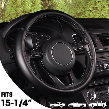 Smooth Steering Wheel Cover: Black Faux Leather, Fits 15.25" -15.35", Extra Soft Padding