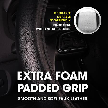 AutoCraft Smooth Steering Wheel Cover: Black Faux Leather, Fits 14.5" - 15", Extra Soft Padding