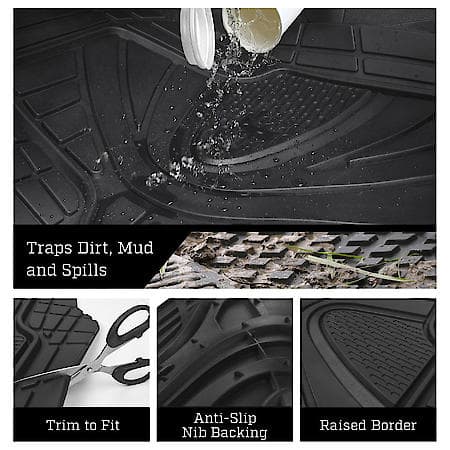 Car and SUV Floor Mat, Black Rubber Heavy-Duty/All-Season, Trim to Fit, 4 Piece