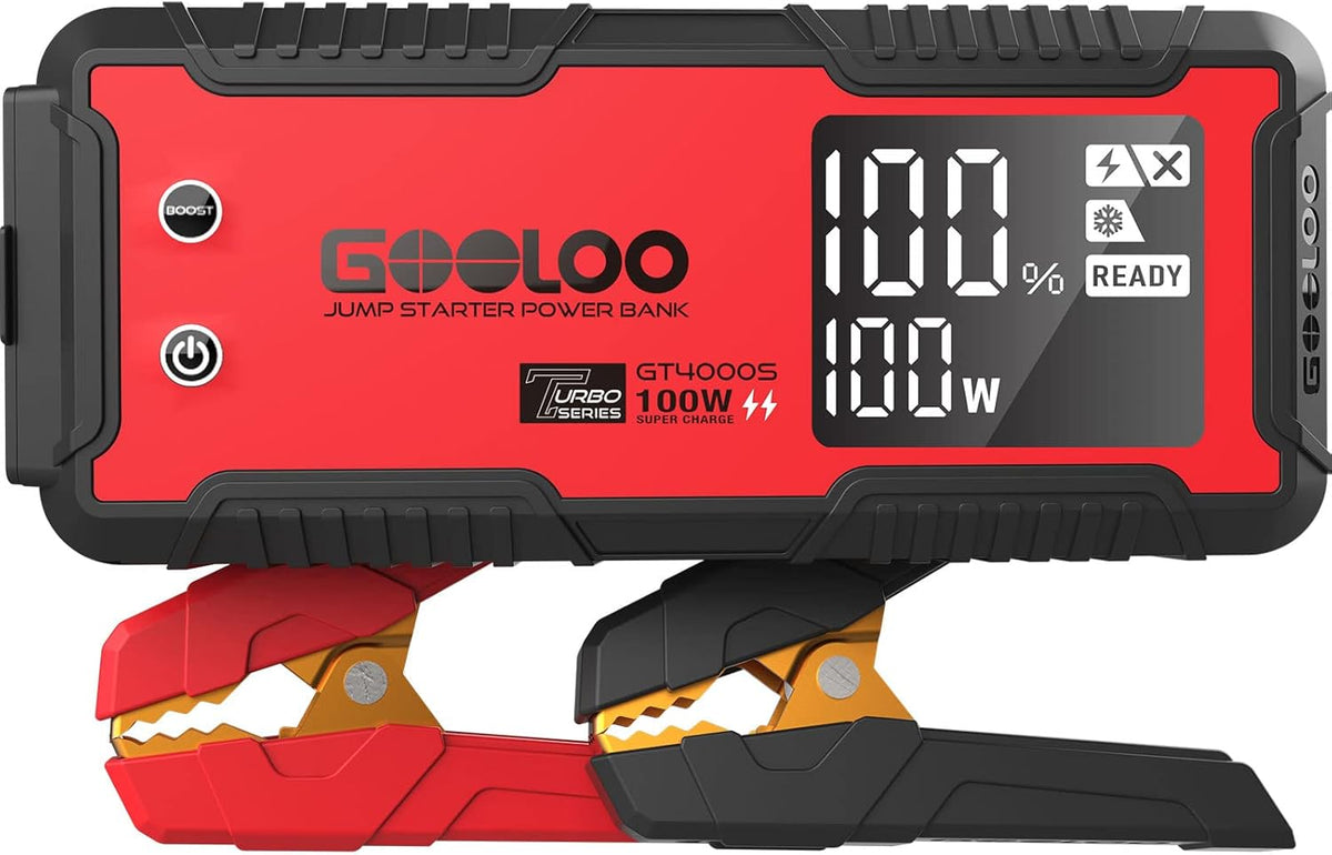 GOOLOO GT4000S 12V 4000A Peak Jump Starter with 100W Two-Way Fast Charging | SuperSafe Portable Car Battery Jumper Starter (12L Gas/10L Diesel) - 20,000 mAh Capacity - 150W DC Output- 3 Modes LED Light