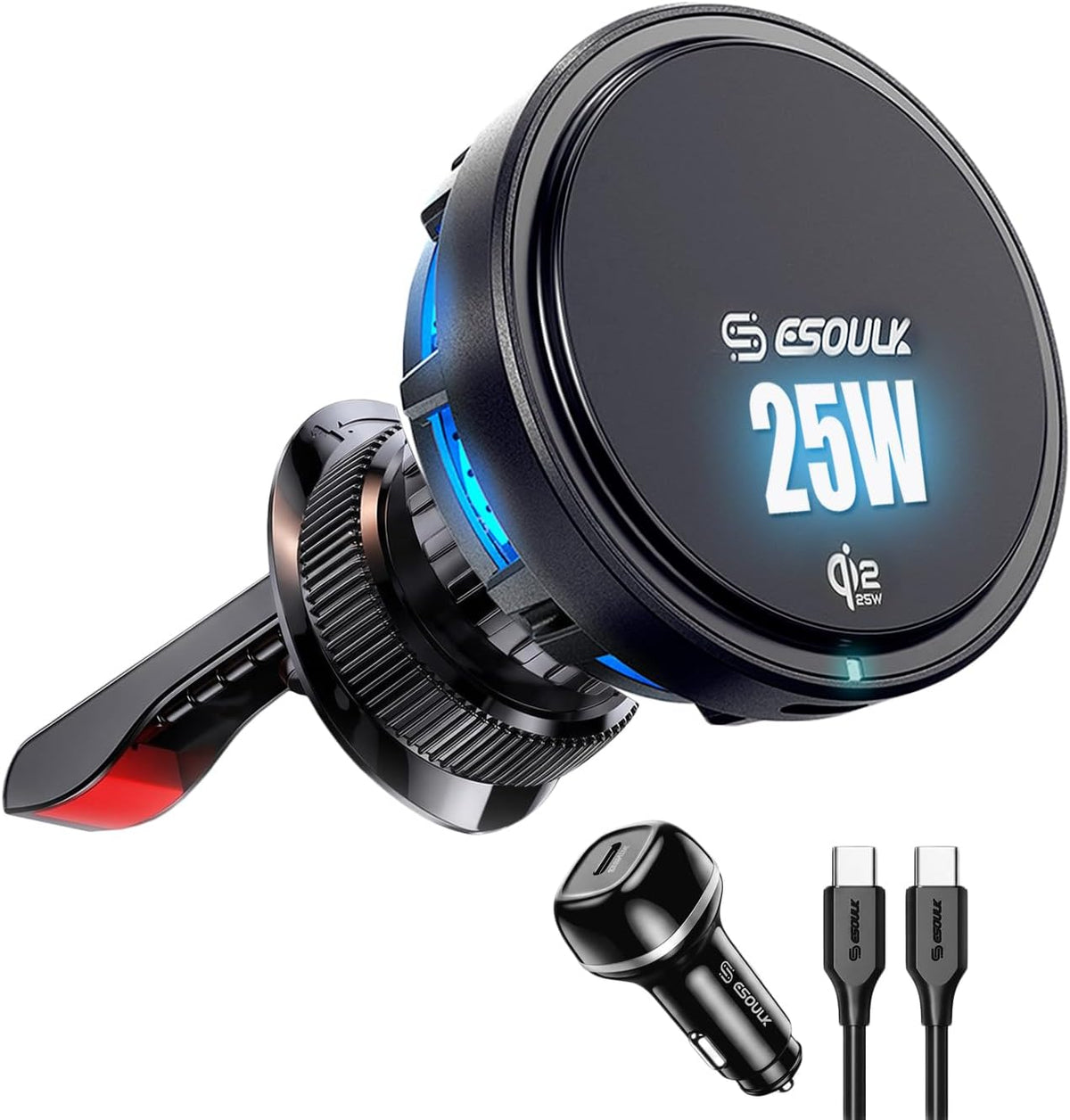 25W Cooling Magnetic Wireless Charger Air Vent Phone Mount for Car | 25W Fast Wireless Charging with Built-In Cooling Fan, Secure Air Vent Mount, Flexible Viewing Angles, 45W Adapter Included
