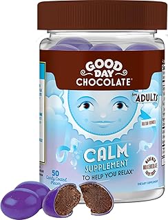 Good Day Chocolate Natural Calming Supplement for Adults, Blend of Camomile, Theanine, Magnesium, Fair Trade and Non-GMO Chocolate, 50 Pieces