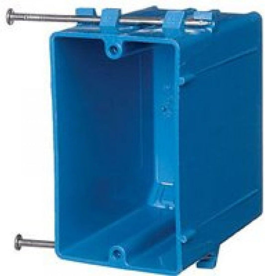 Carlon Single Gang Outlet Box 22 Cu in, Blue | PVC Material, UL E11461, L 3-3/4 X W 2-1/4 X D 3-1/2 Inches, New Work Construction, Captive Nails