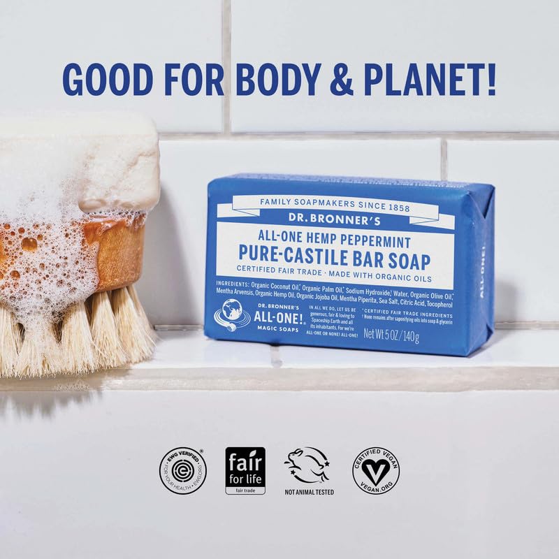 Dr. Bronner's Pure-Castile Magic Soap Bars (Peppermint, 5 oz, 6-Pack) - Made with Regenerative Organic Certified Oils - For Face, Body & Hair - Gentle, Vegan - Bar Soaps for Men & Women