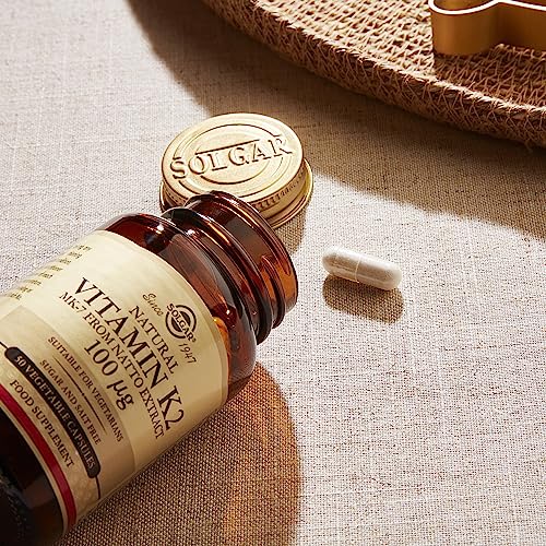 Solgar Vitamin K2 MK7 100mcg Vegetable Capsules Supports Bone Health Natural Whole Food Source from Natto Extract NonGMO Gluten Free Servings, Original, 50 Count