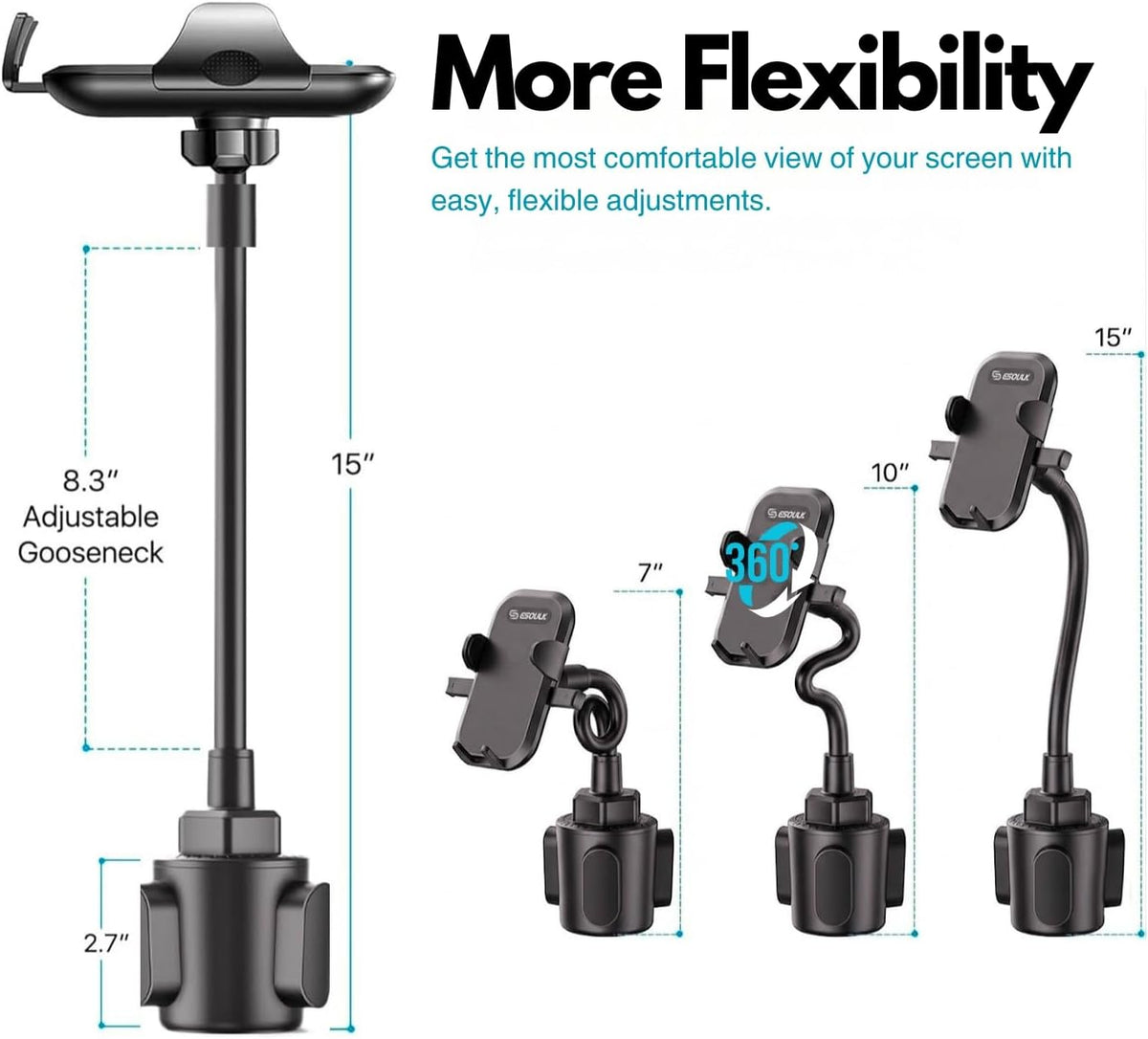 Cup Holder Phone Mount 15 Inch Adjustable Gooseneck Arm for Car | Adjustable long arm and stable cup holder base keep your phone secure, easy to reach, and clear to view while driving