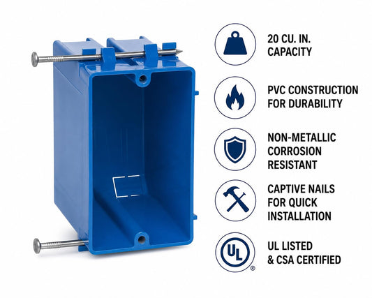 12-Pack 20 Cu in Single Gang Electrical Outlet Boxes, Carlon B120A PVC New Work Nail-On Plastic Electrical Box, UL Listed for New Construction
