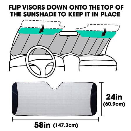 Windshield Sunshade, Silver/Grey Mylar Foam, Delu x e, Standard 58" x 24", Accordion Style